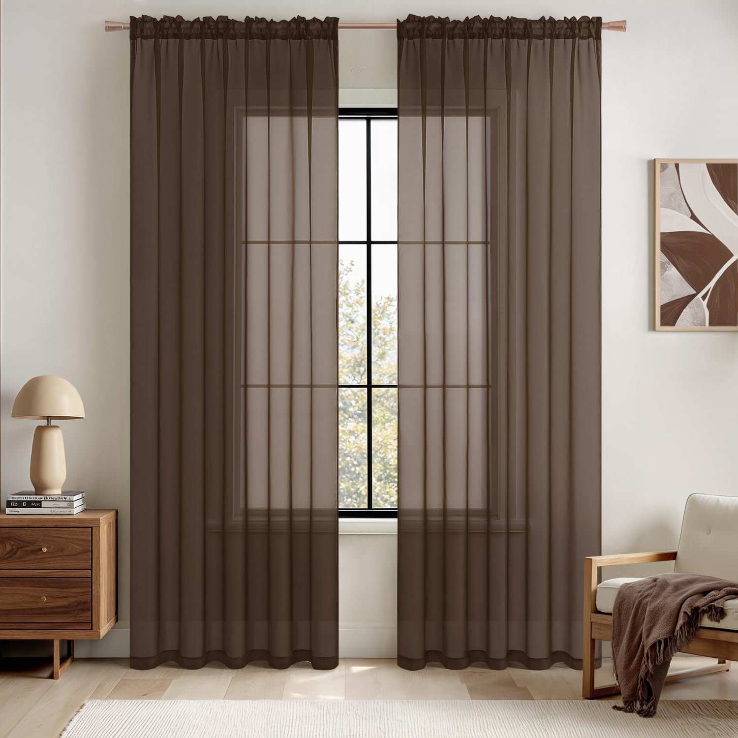 MIULEE Chocolate Brown Sheer Curtains 54 X 96 Inches, 2 Panels