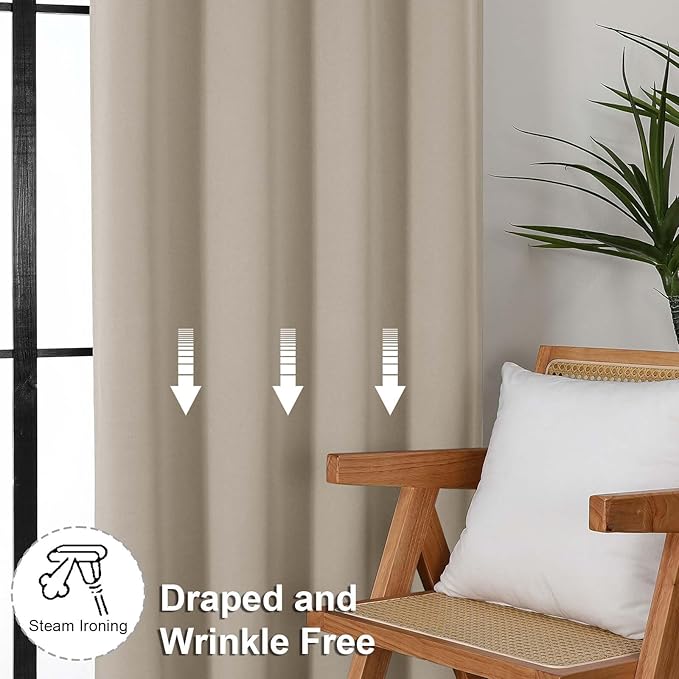 Simplebrand Ava Biscotti Beige Blackout Curtains for Bedroom 63 Inch Length 2 Panels Set, Solid Thermal Insulated Privacy Living Room Window Treatment Curtains Blackout Drapes, W50 x L63 Inch