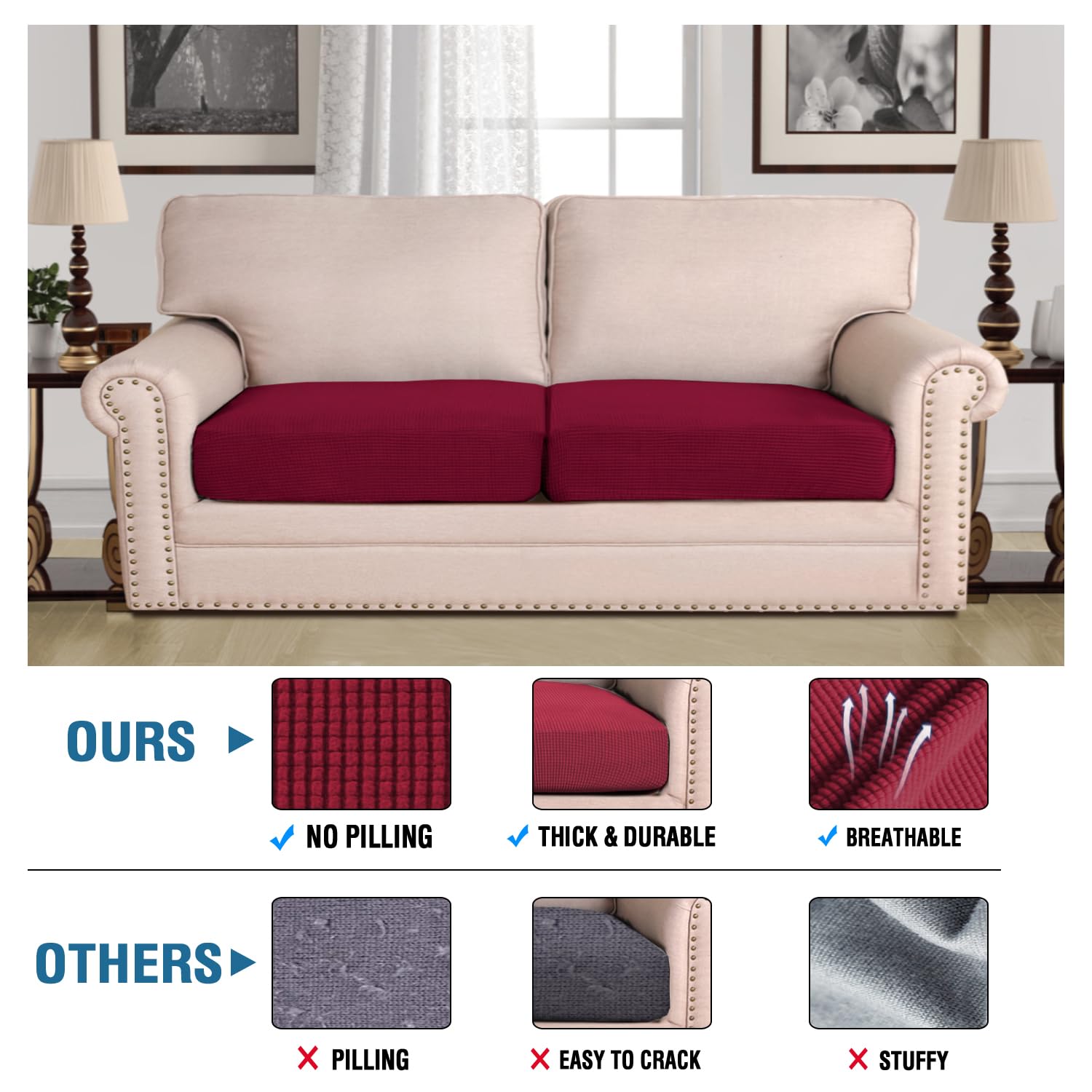 H.VERSAILTEX Super Stretch Individual Seat Cushion Covers Sofa Covers Couch Cushion Covers Slipcover Sets Thick Jacquard Textured Twill Fabric (2 Piece Large Sofa Cushion Covers, Burgundy Red)