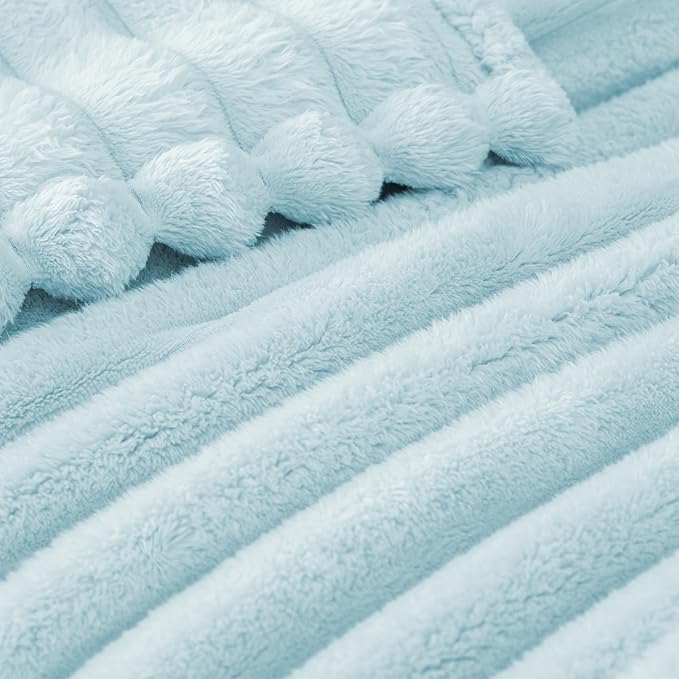 Exclusivo Mezcla Fleece Throw Blanket for Couch, Super Soft Striped Jacquard Bed Blanket, Lightweight Fuzzy Cozy for All Seasons, 50x60 Inches, Light Blue