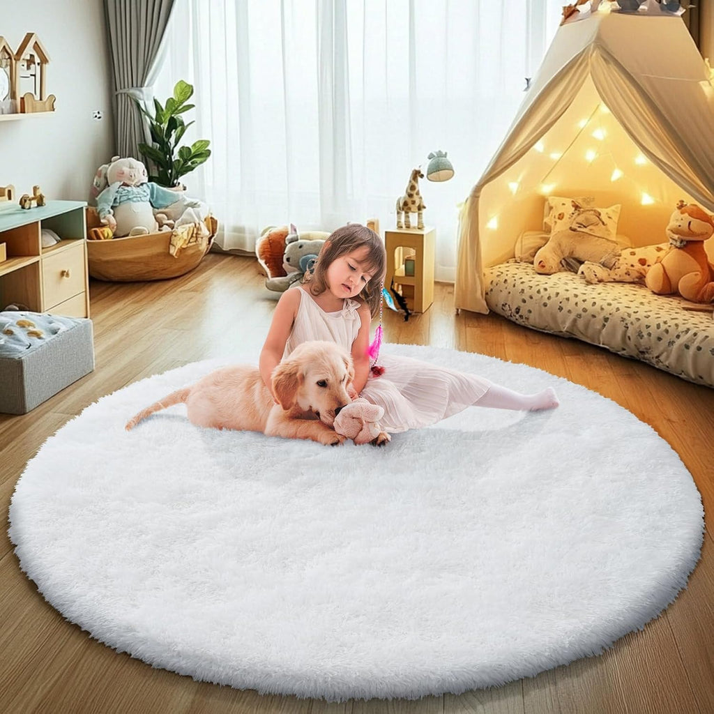 White Fluffy Round Area Rugs for Bedroom,4'X4'Shag Circle Small Area Rugs