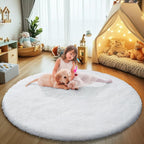 White Fluffy Round Area Rugs for Bedroom,4'X4'Shag Circle Small Area Rugs