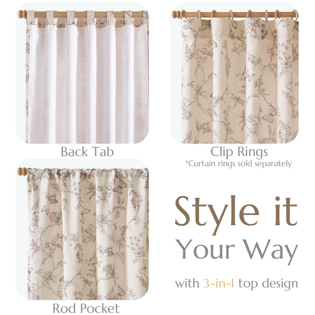 jinchan Taupe Floral Linen Curtains Lined 84 Inch Vintage Back Tab 2 Panels