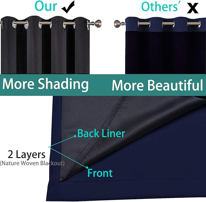 Yakamok 100% Blackout Curtains with Black Liners, Thermal Insulated Full Blackout 2-Layer Lined Drapes Room Darkening Curtain Panel for Bedroom(Navy Blue, 2 Panels, W52 x L72)