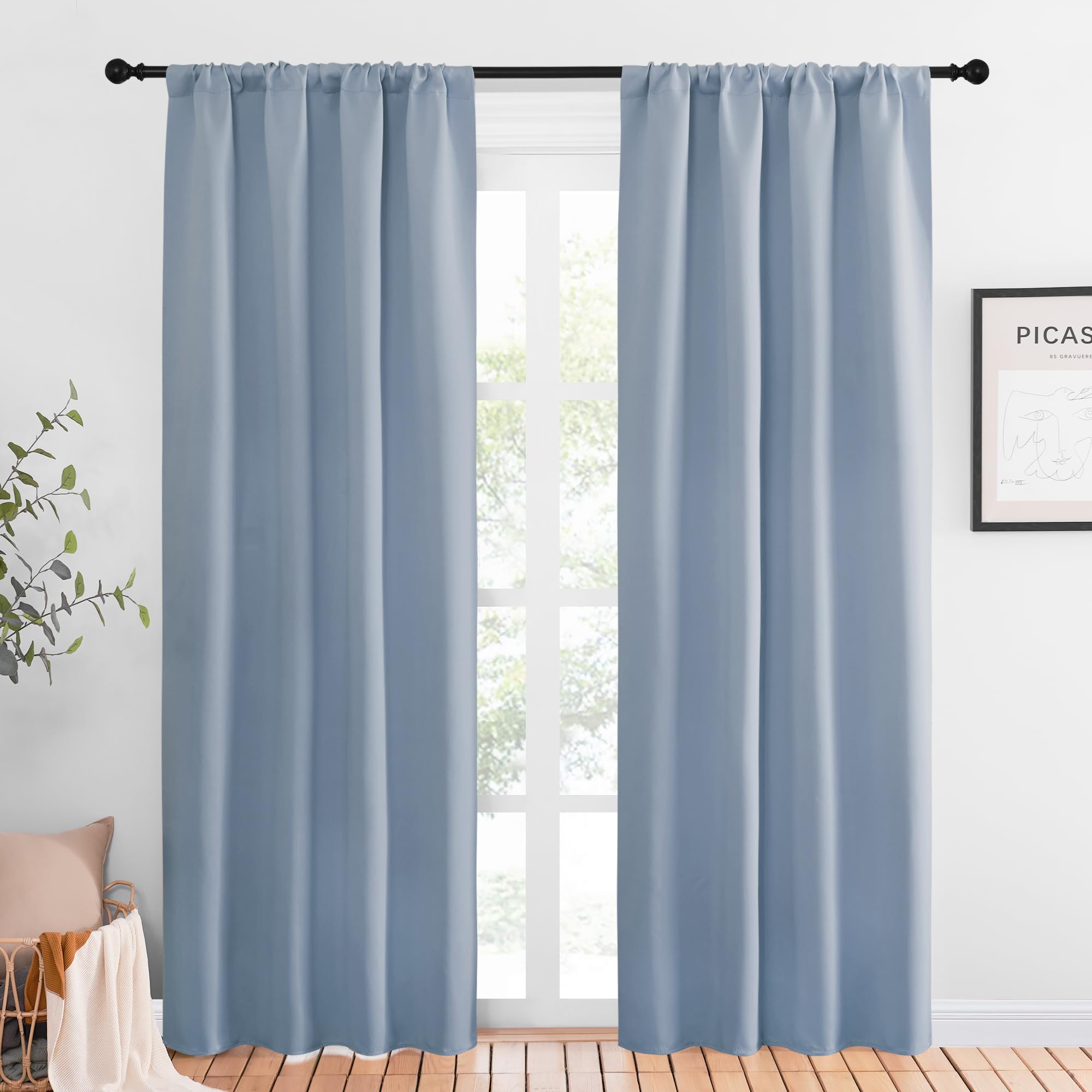 NICETOWN Blackout Curtains for Living Curtains, Vintage Blue, 1 Pair, 34-inch W x 84-inch L, Home Decorations Thermal Insulated Solid Pole Top Blackout Drapes for Living Room