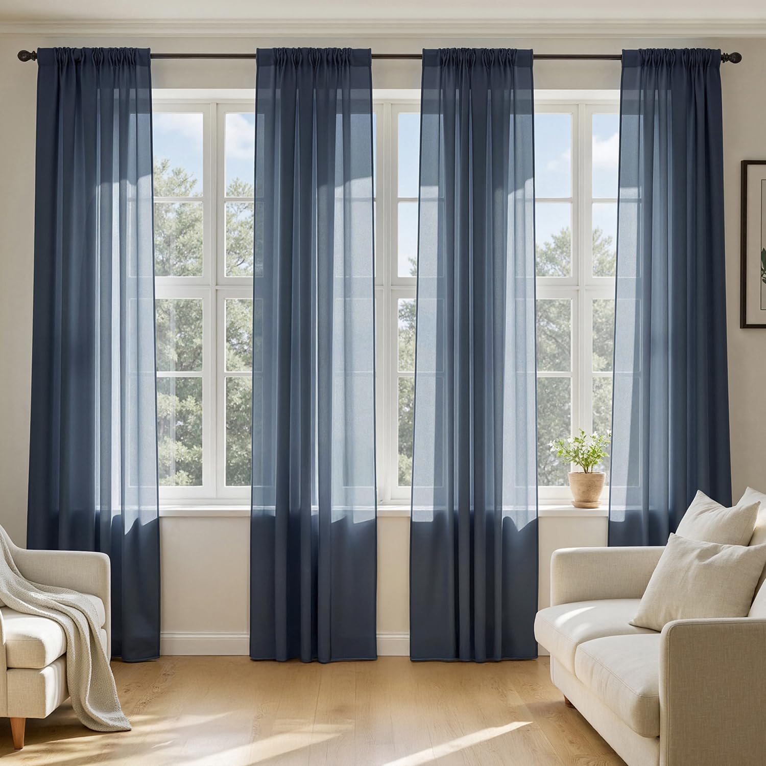 MIULEE Navy Blue Sheer Curtains 96 Inches Long 4 Panels 42 x 96 Inches