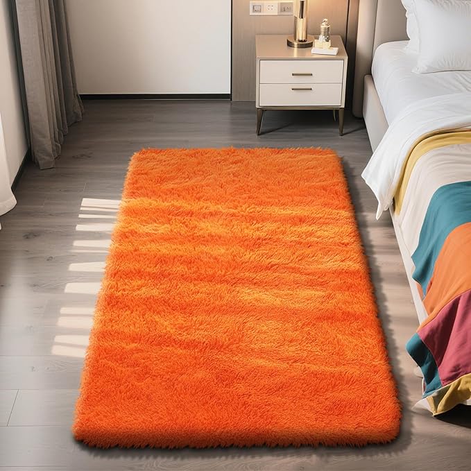 3x5 Area Rug for Bedroom, Orange Fluffy Shag Rug Small Rug Plush Carpet