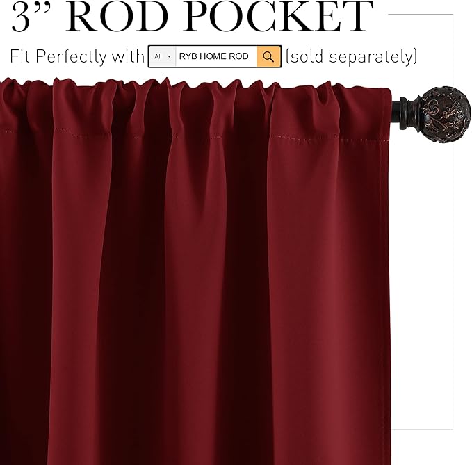 RYB HOME Short Blackout Curtains for Small Window, Sunmmer Heat Light Blocking Privacy Protection Curtains for Sunroom Laundry Room Stair Window, Width 52 by Length 36, Burgundy Red, Set of 2
