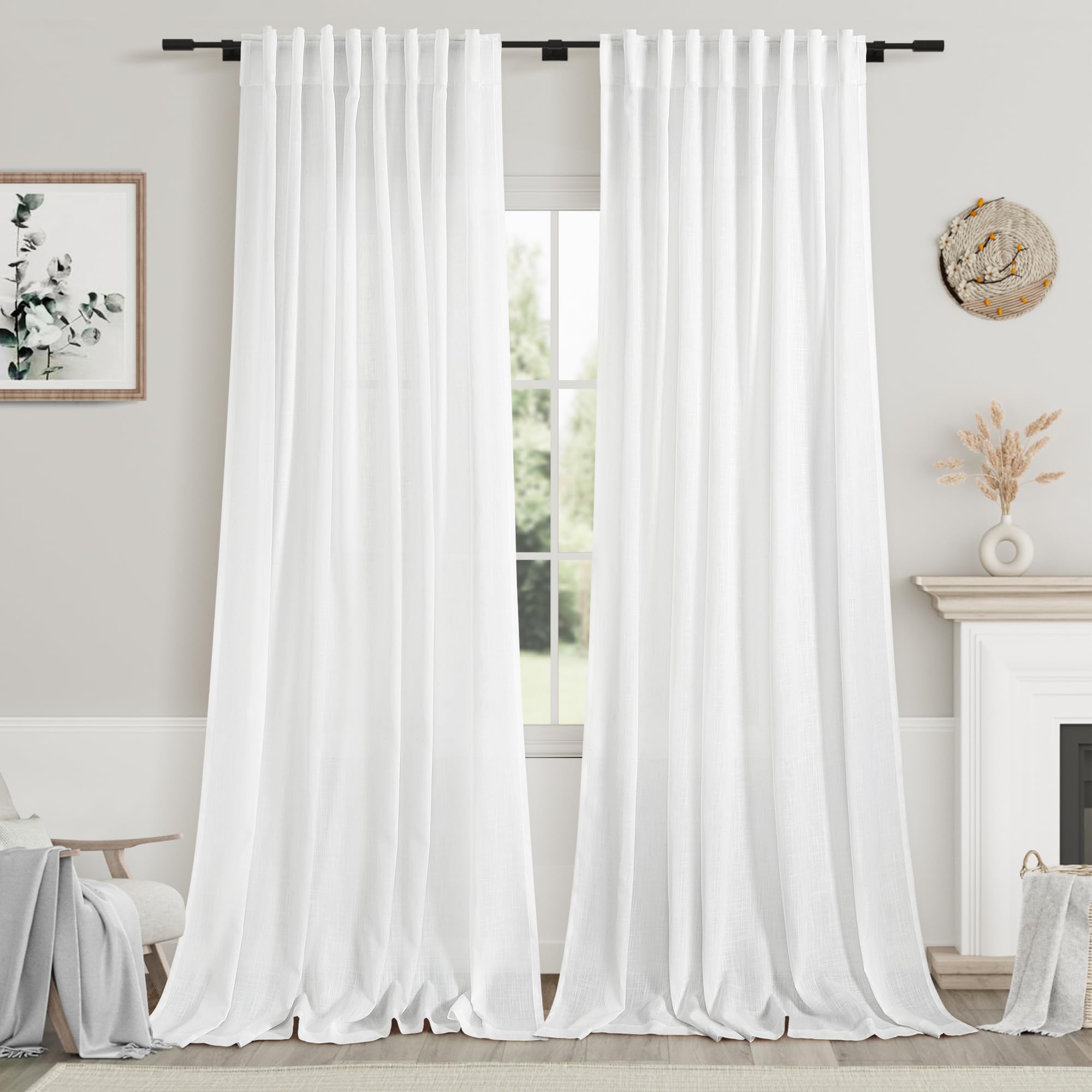 White Linen Curtains 108 Inches Long 2 Panels Back Tab Rod Pocket Modern Farmhouse Linen Light Filtering Curtains White Extra Long Semi Sheer Curtain Drapes for Living Room Bedroom 9Ft 60x108