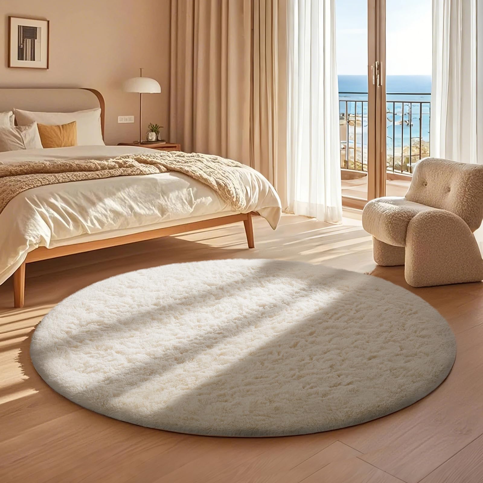 Ophanie Round Rug 4Ft Ivory Circle Area Rugs, Fluffy Fuzzy Small Bedroom Carpet 4 foot, Plush Shag Floor Cream Living Room Christmas Circular Aesthetic Decor for Kids Teen Boys Baby, Nursery,Classroom