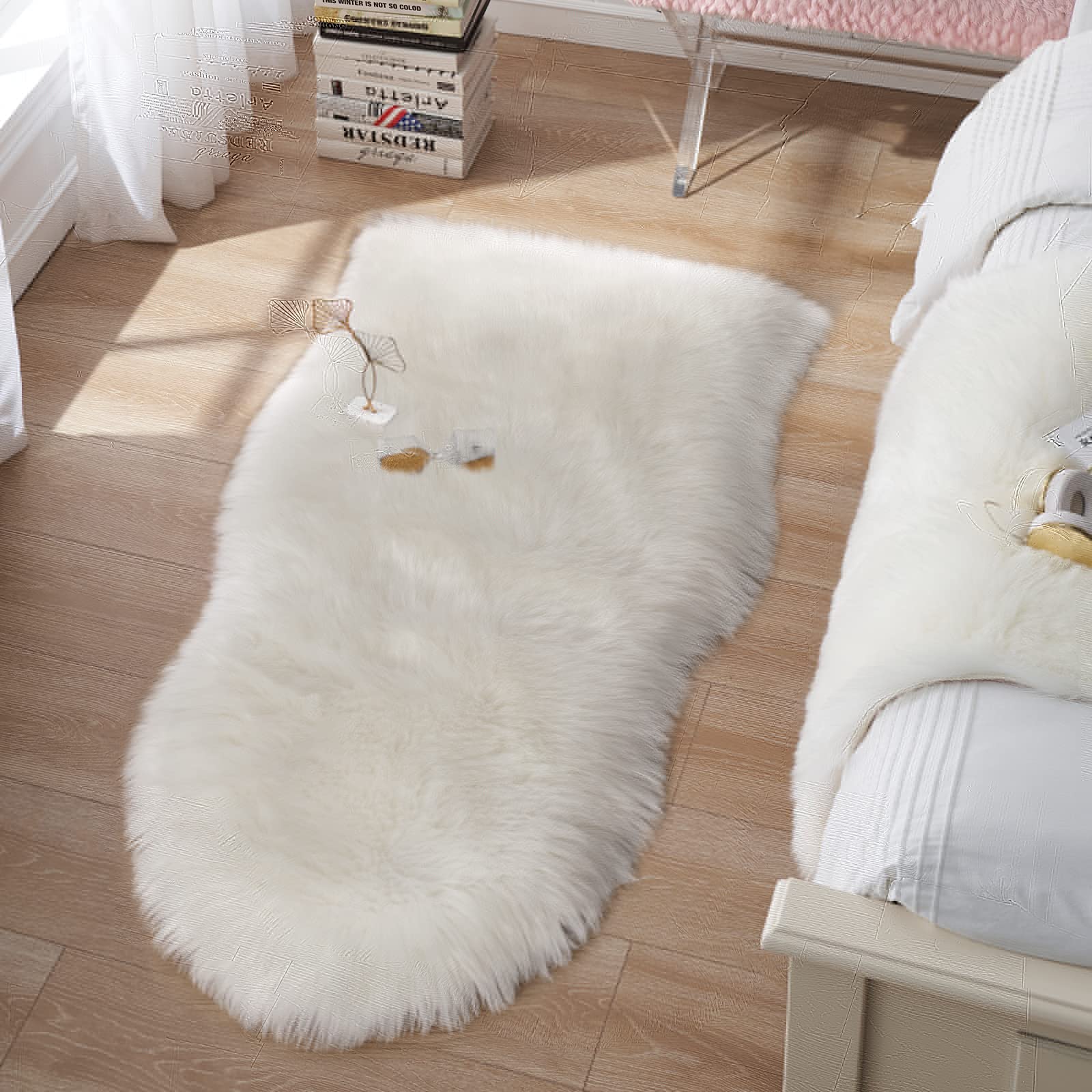Tangsoo 2x4 White Faux Fur Sheepskin Rugs,Fuzzy Fluffy Chair Cover Rugs