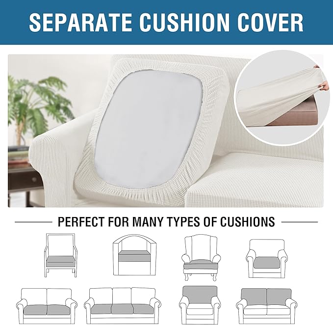 H.VERSAILTEX 3 Piece Stretch Sofa Covers for 2 Cushion Sofa Couch Covers for Living Room Sofa (Base Cover Plus 2 Seat Cushion Covers) Thicker Jacquard Fabric (Large Sofa, Porcelain White)