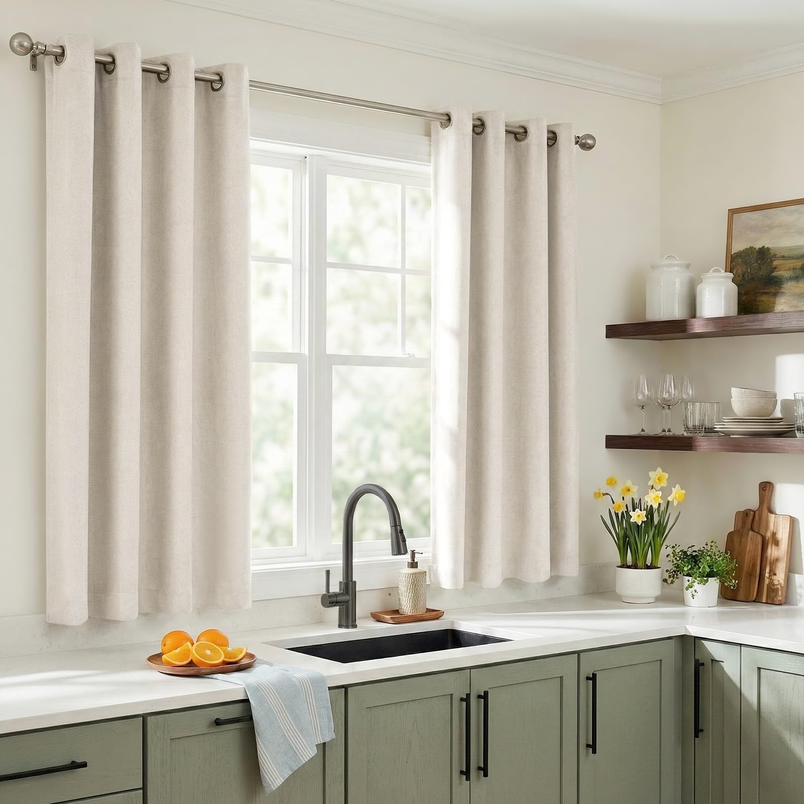 Linen Textured Total Blackout Curtains 45 Inches Long, Beige