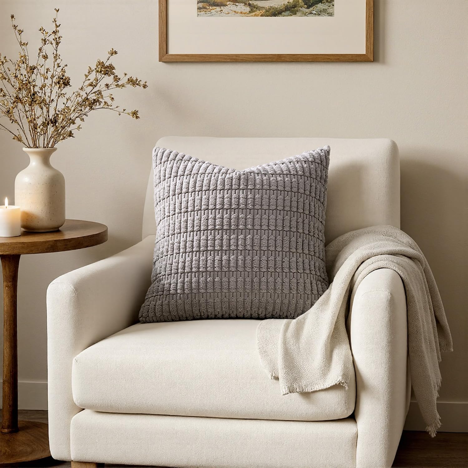 MIULEE Corduroy Decorative Throw Pillow Covers 16x16 Light Grey Pack of 2