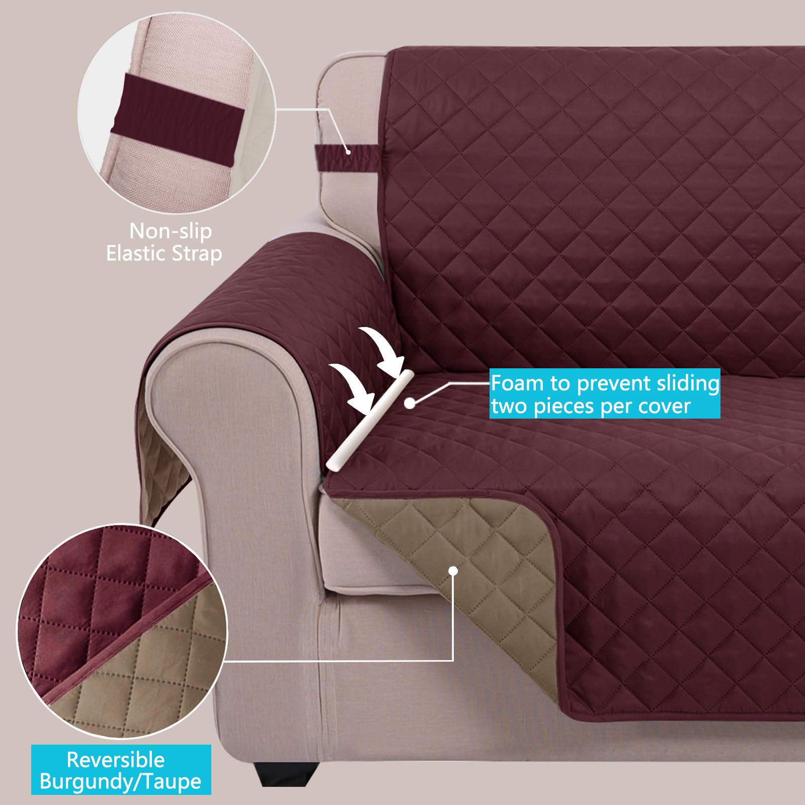 U-NICE HOME Loveseat Sofa Cover for 2 Cushion Couch, Burgundy/Tan