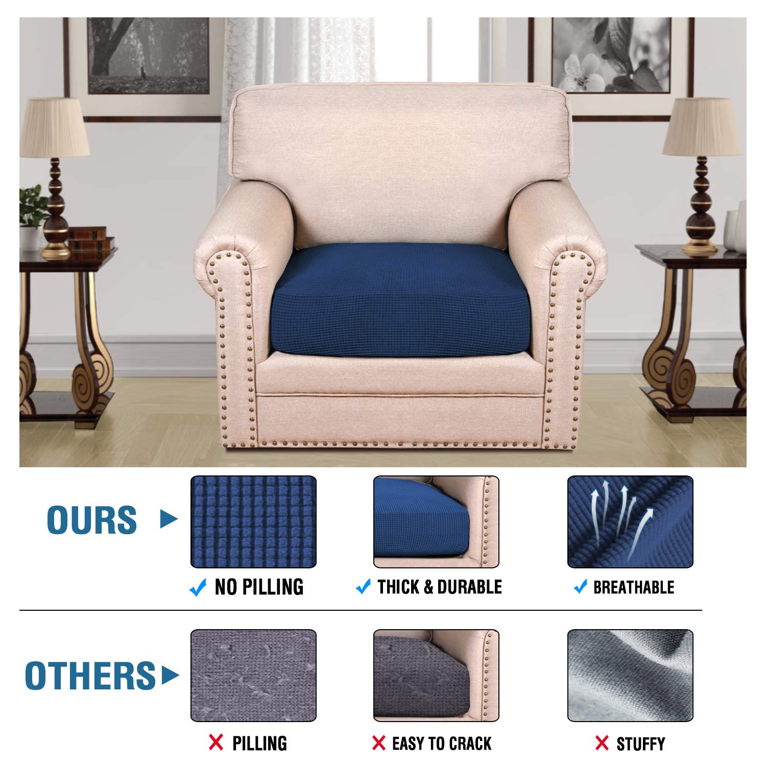 H.VERSAILTEX High Stretch Individual Seat Cushion Covers Sofa Slipcovers Couch Cushion Covers Sofa Covers Featuring Jacquard Textured Twill Fabric (1 Pack for 1 Cushion Chair, Navy, Small)