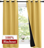 NICETOWN 100% Blackout Short Curtains with Black Liners, 2 Panels, 37" W by 50" L, Bright Yellow, Thermal Insulated Full Blackout 2-Layer Lined Drapes, Energy Efficiency Window Draperies for Bedroom