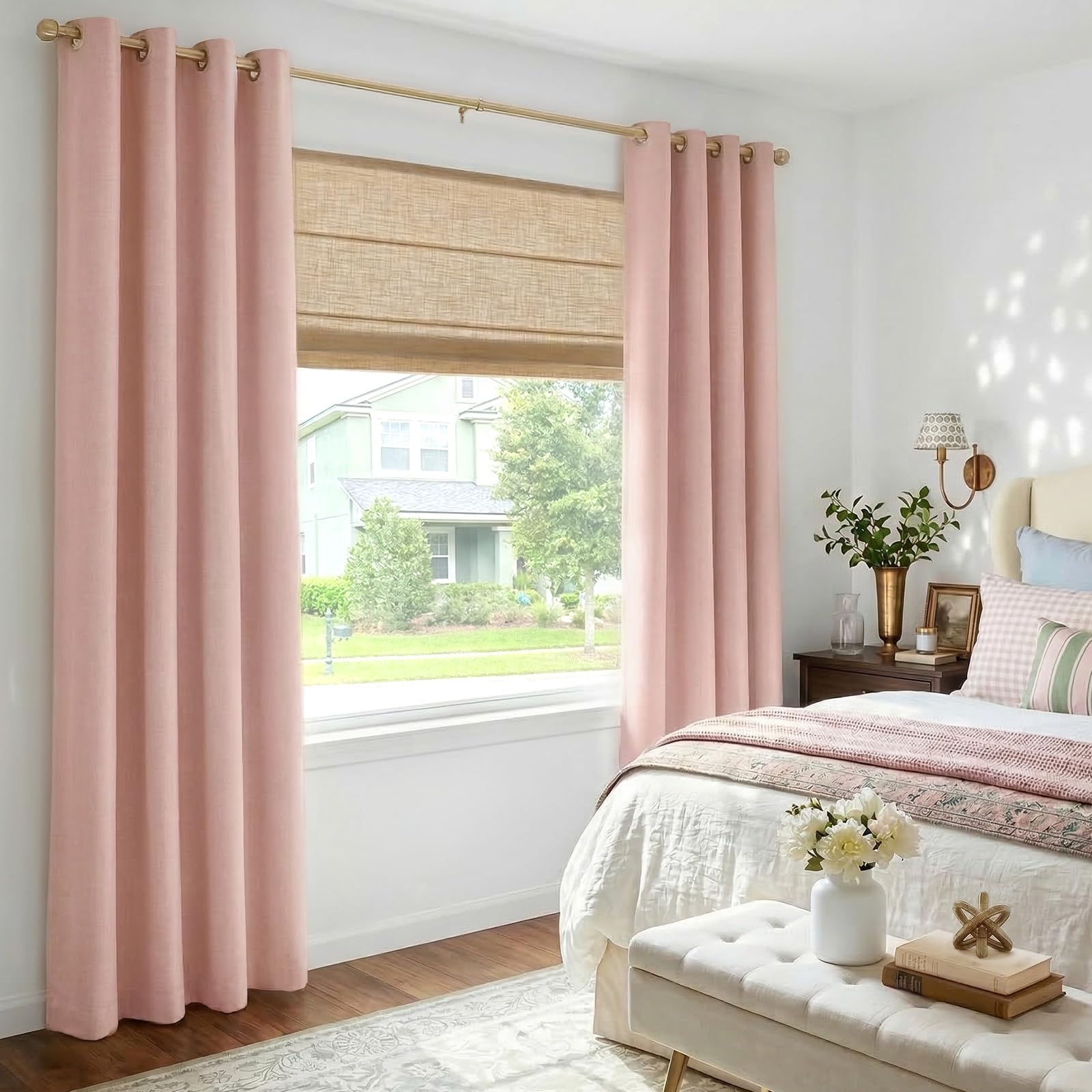 Linen Textured Total Blackout Curtains 72 Inches Long, Blush Pink