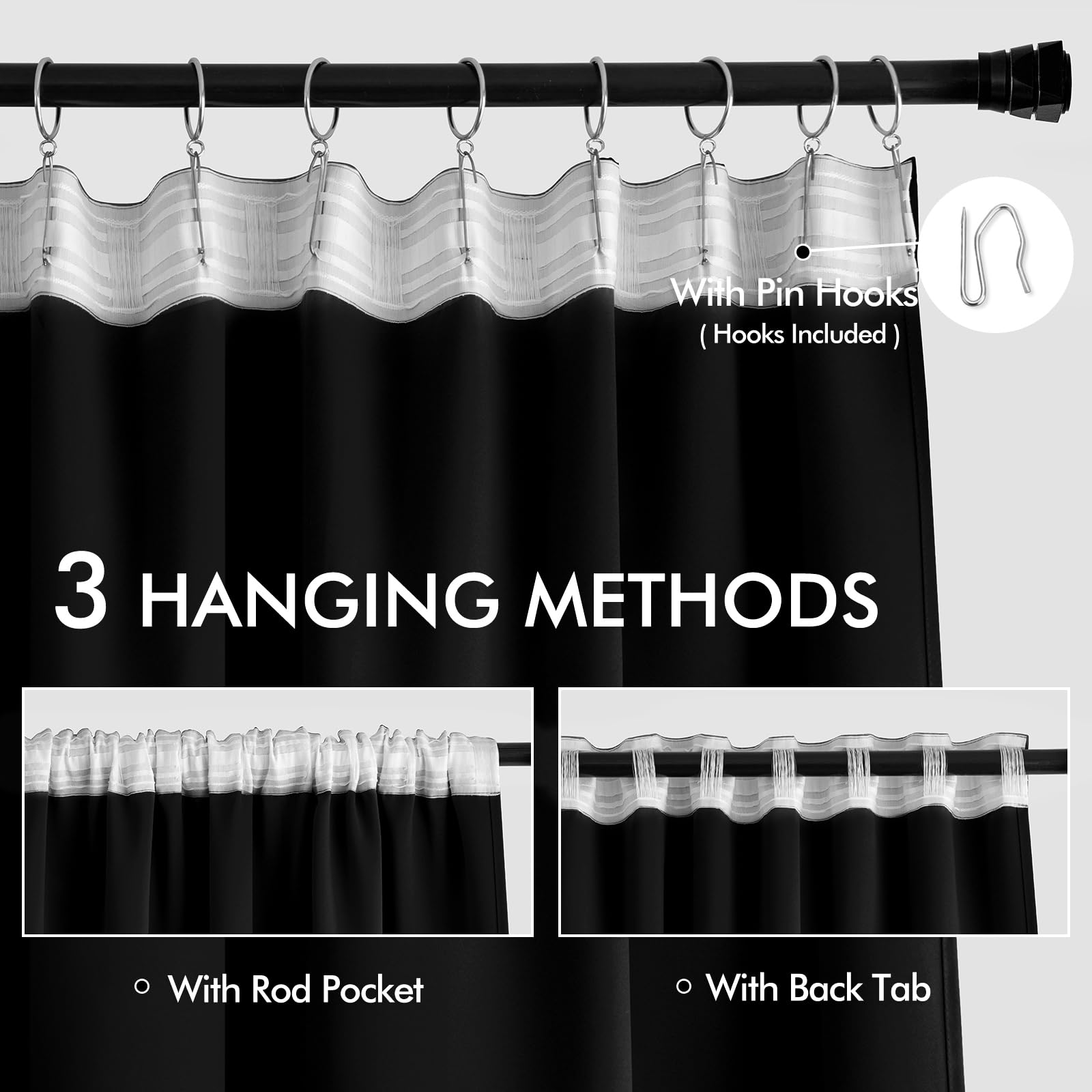 MIULEE Black Back Tab Blackout Curtains 52x94 Inch Long 2 Panels Set