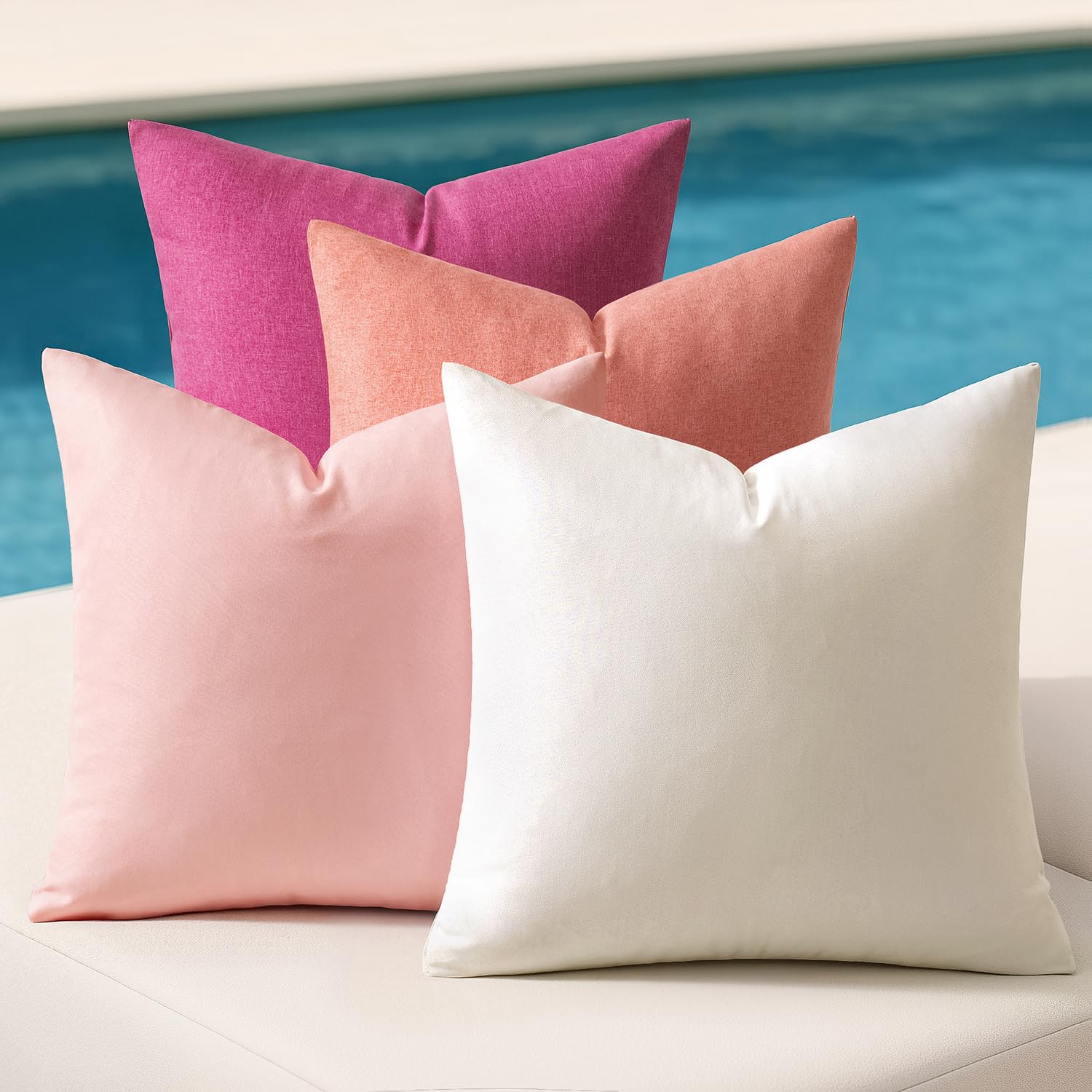 MIULEE Pack of 4 Decorative Outdoor Throw Pillow Covers Linen Waterproof Pillow Covers Summer Farmhouse Cushion Cases for Patio Garden Tent Balcony Couch Sofa 18x18 Inch Pink