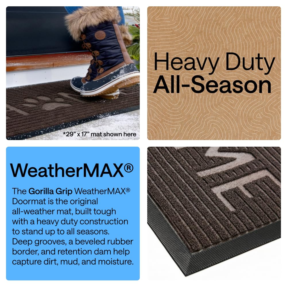 GORILLA GRIP 100% Waterproof All-Season WeatherMAX Doormat US Designed Natural Rubber, Stain and Fade Resistant, Low Profile Indoor Outdoor Door Mats, Easy Clean Patio Mat, Espresso Home Paw