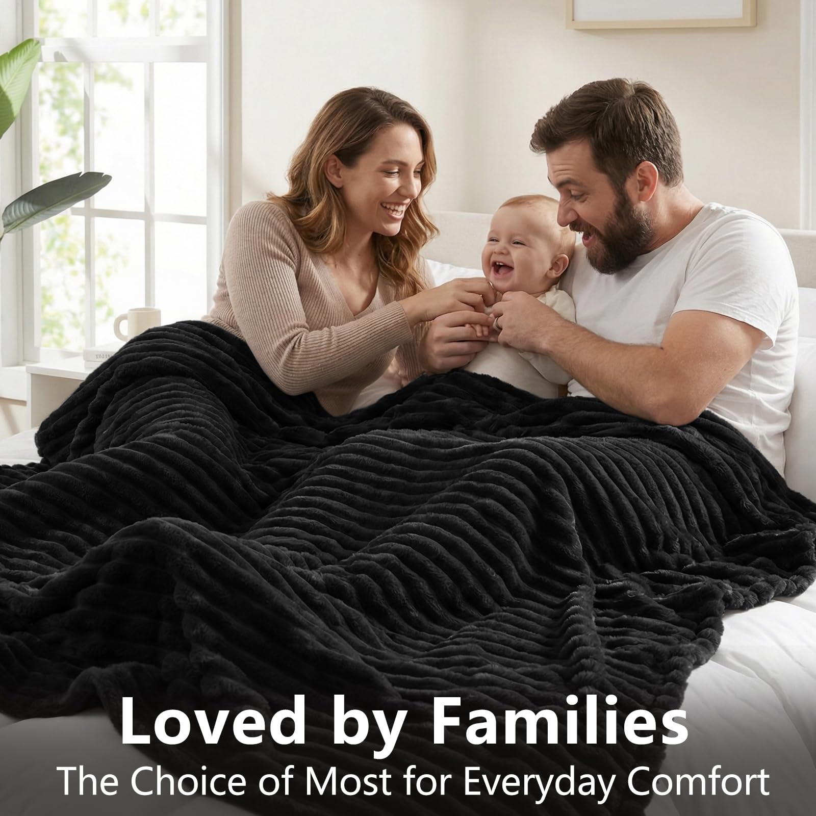 HIMEET Black King Size Blanket for Bed, 300GSM Ribbed Fleece, 108 x 90 in