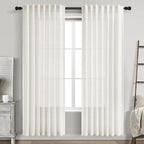 Beige White Linen Curtains 80 Inch Long for Bedroom Back Tab, Filters Light Privacy Transparent Curtains Modern Farmhouse Coastal Decor for Sliding Glass Doors 2 Panels 52x80