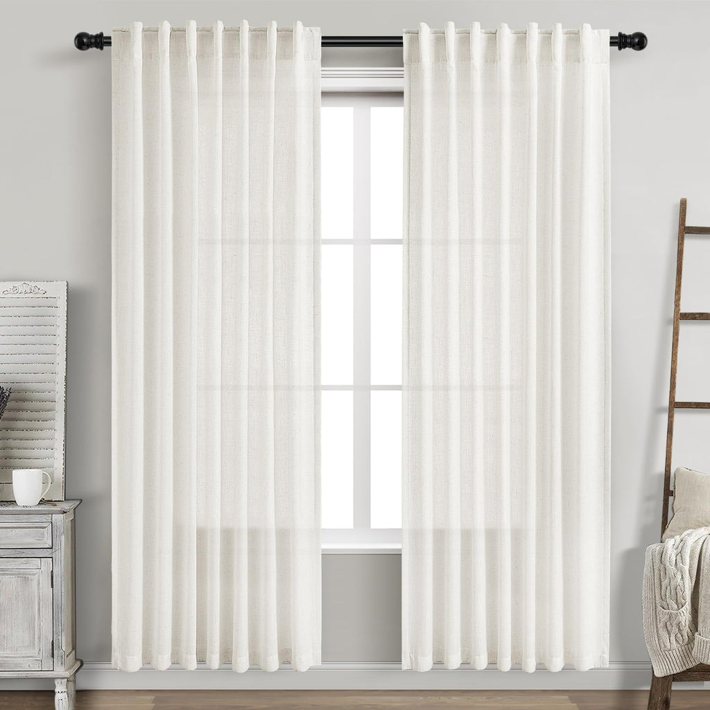 Beige White Linen Curtains 80 Inch Long for Bedroom Back Tab, Filters Light Privacy Transparent Curtains Modern Farmhouse Coastal Decor for Sliding Glass Doors 2 Panels 52x80