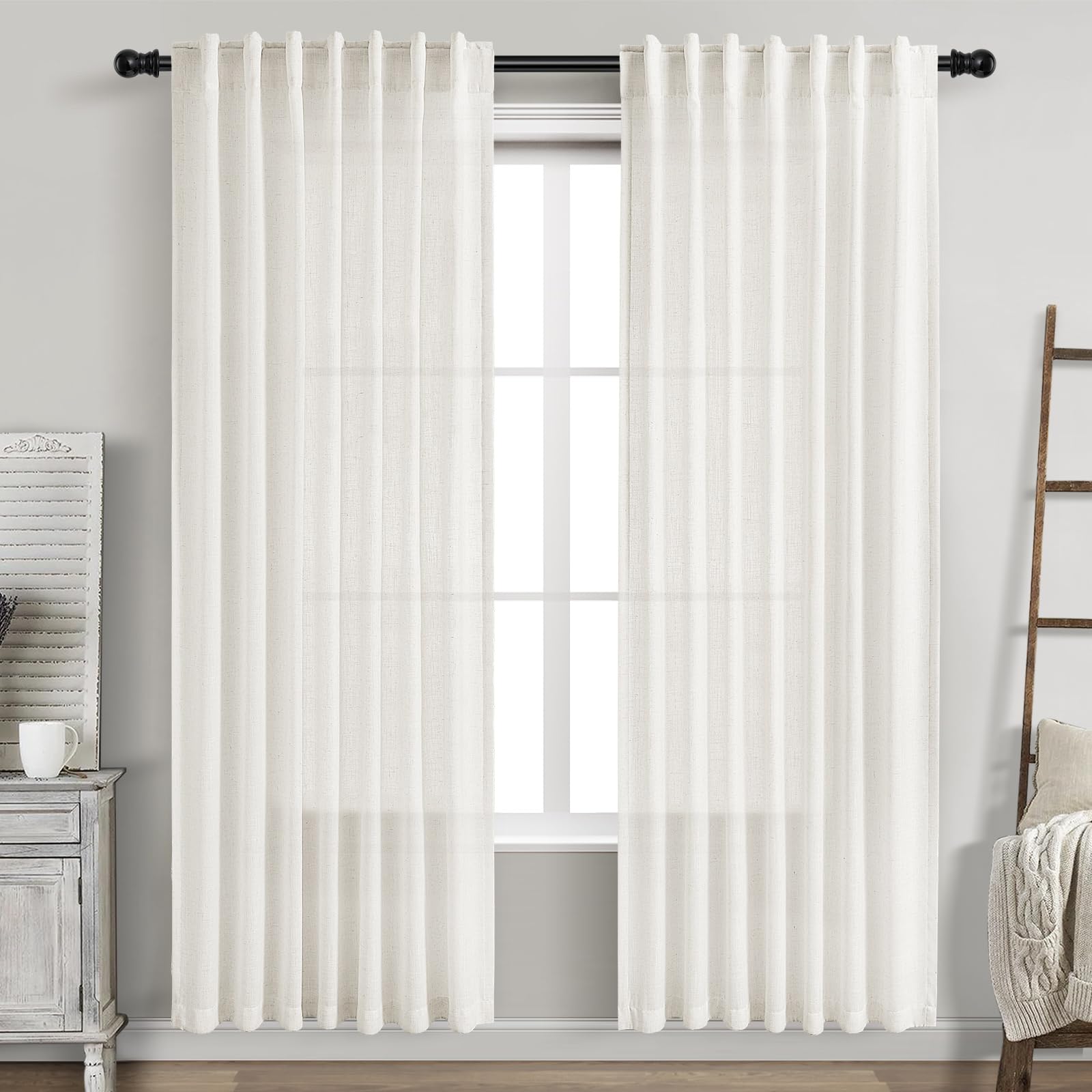 Beige White Linen Curtains 80 Inch Long for Bedroom Back Tab, Filters Light Privacy Transparent Curtains Modern Farmhouse Coastal Decor for Sliding Glass Doors 2 Panels 52x80