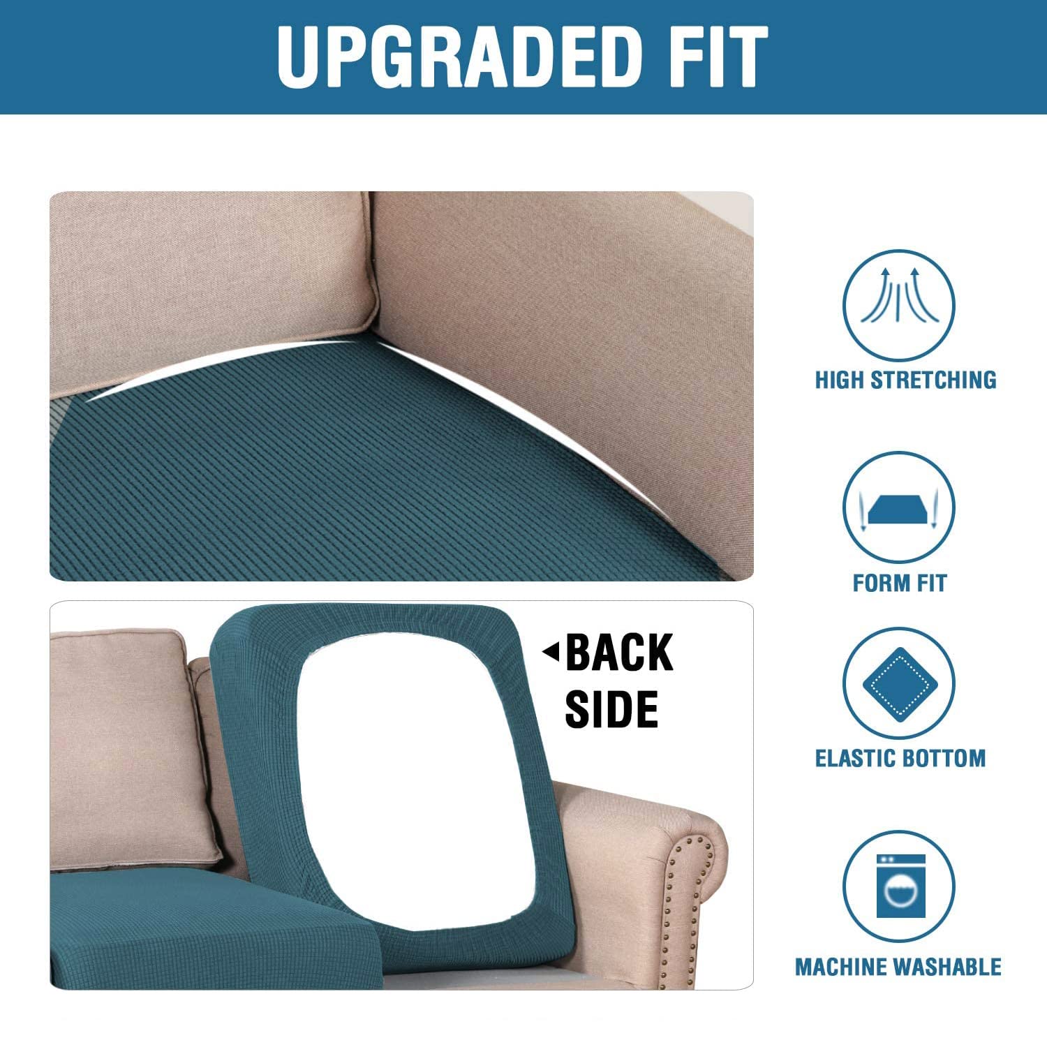 H.VERSAILTEX Super Stretch Individual Seat Covers - Sofa & Couch Cushion Slipcover Sets (Thick Jacquard Textured Twill Fabric, Deep Teal) - 2 Piece Large