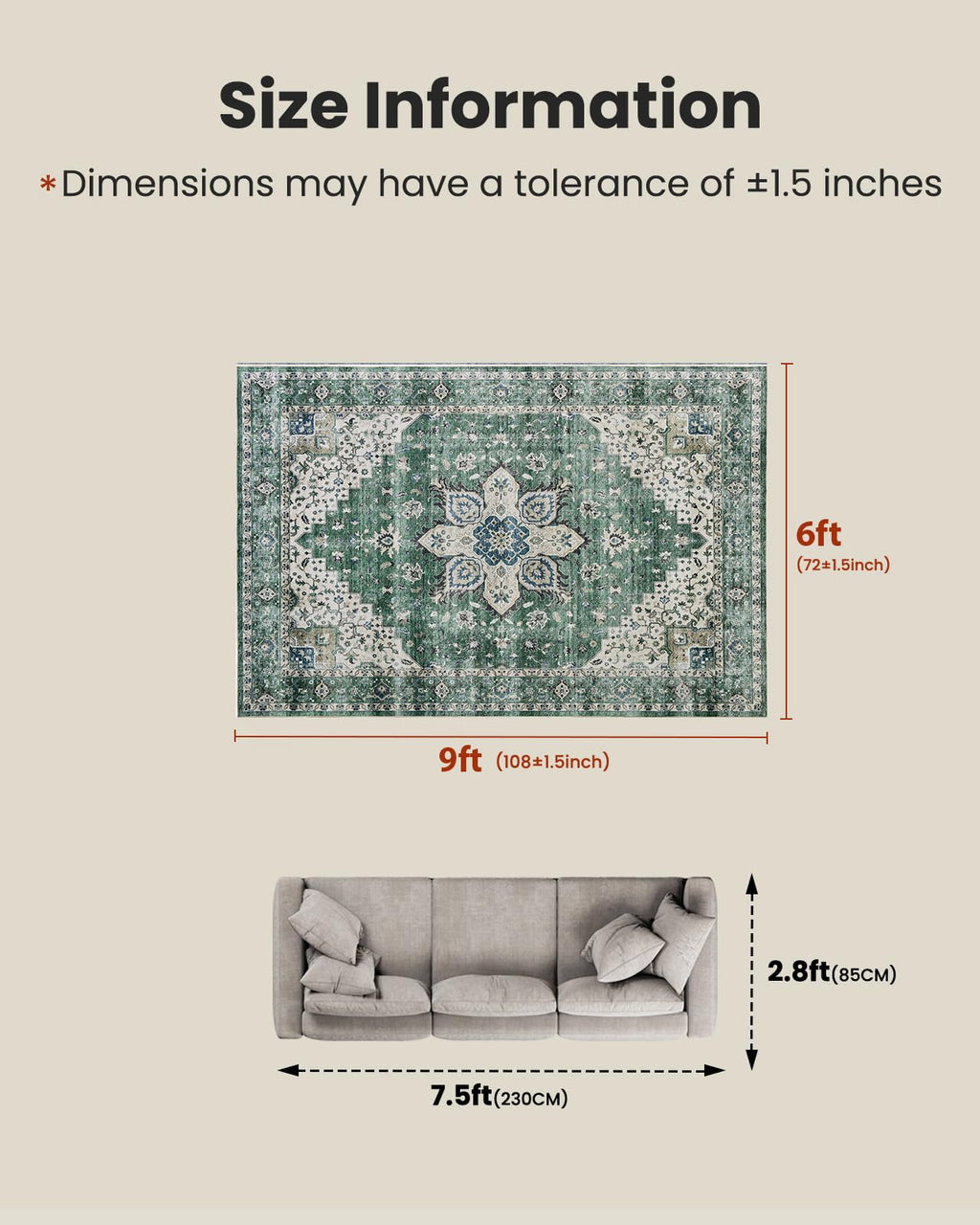 AMADA HOMEFURNISHING 6x9 Area Rug, Washable Low-Profile Large Area Rug with Non-Slip Backing & Durable Edge Binding, Vintage Large Rugs for Living Room, Bedroom