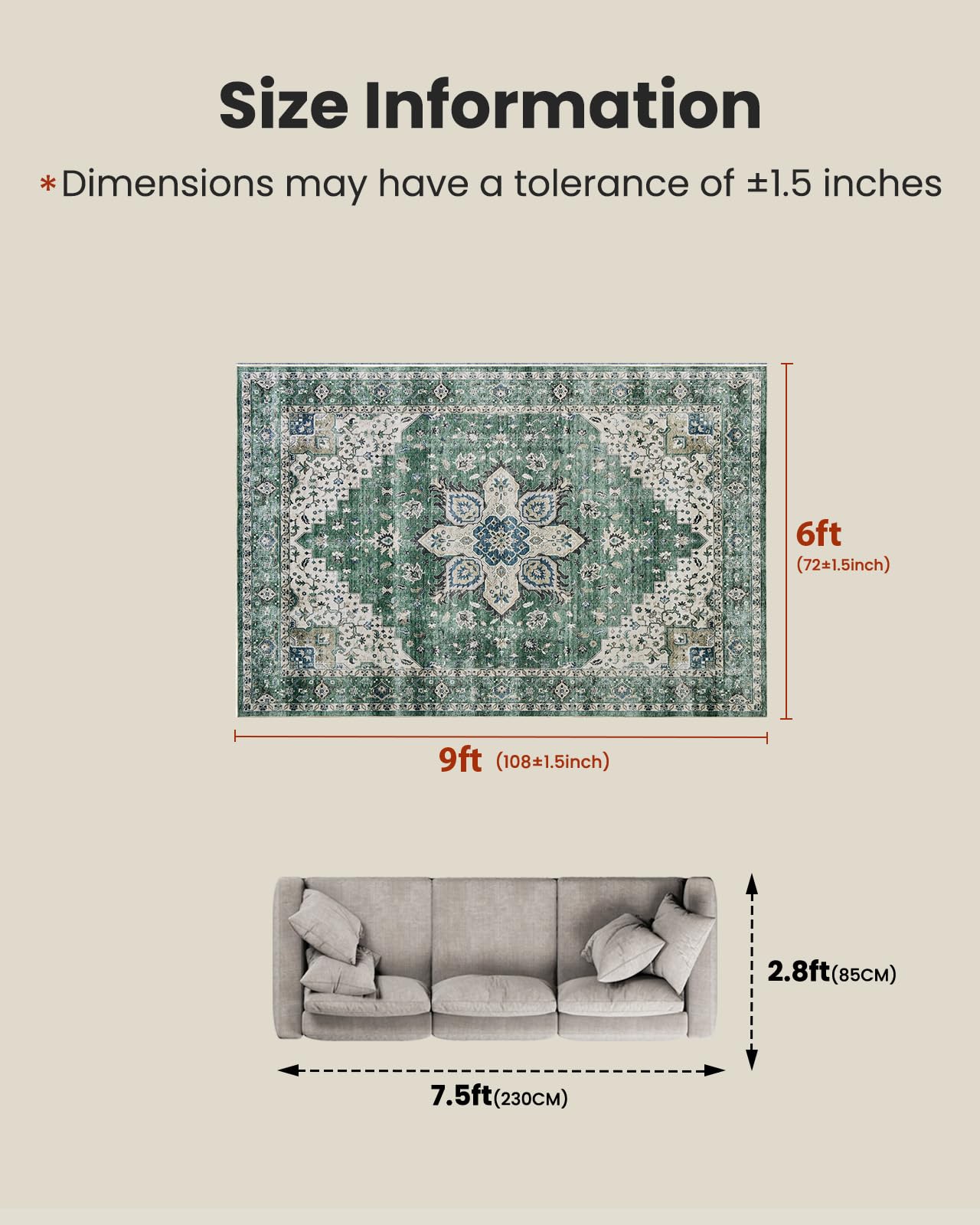 AMADA HOMEFURNISHING 6x9 Area Rug, Washable Low-Profile Large Area Rug with Non-Slip Backing & Durable Edge Binding, Vintage Large Rugs for Living Room, Bedroom
