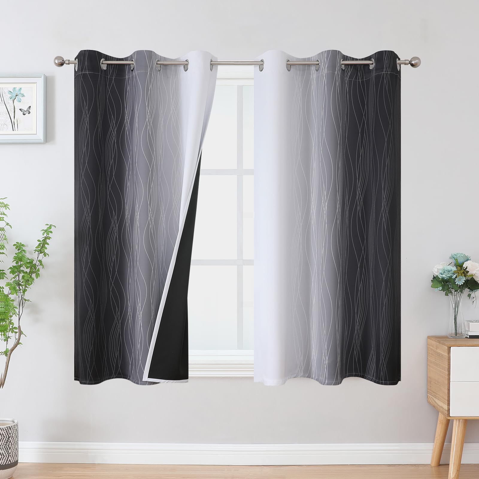 Black and Greyish White Ombre Blackout Curtains for Bedroom 42x45 Inch Long