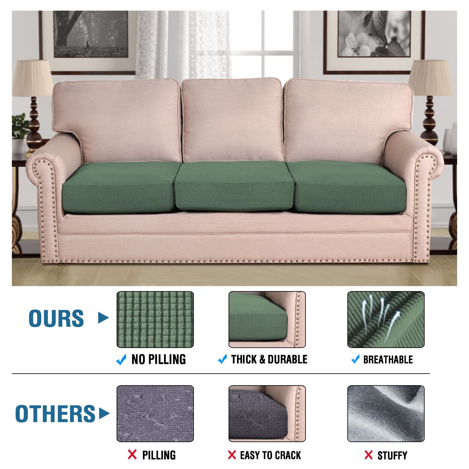 H.VERSAILTEX Super Stretch Individual Seat Sofa Covers Couch Cushion Covers Slipcover Sets Thick Jacquard Textured Twill Fabric (3 Piece, Loden Frost)