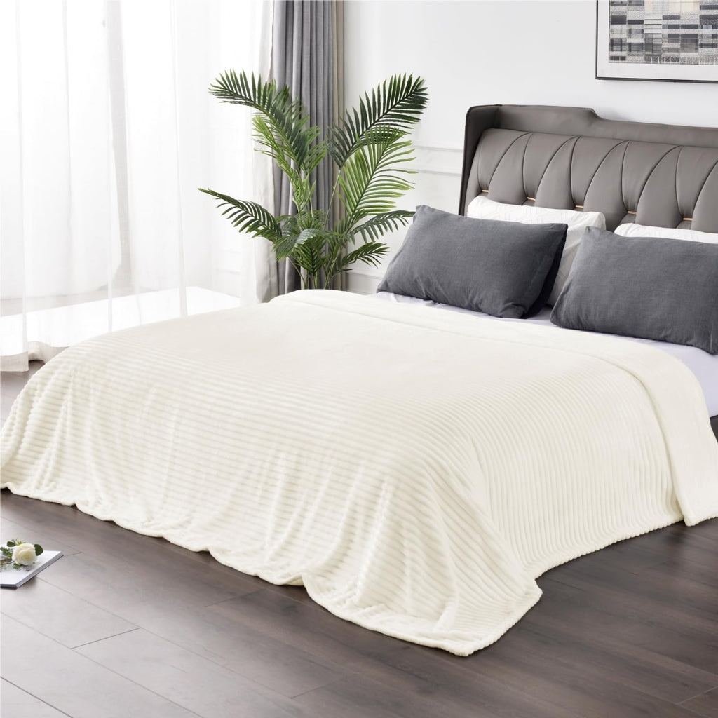 BEDELITE 3D Ribbed Jacquard Cream Blankets Queen Size for Bed, 90x90 Inch