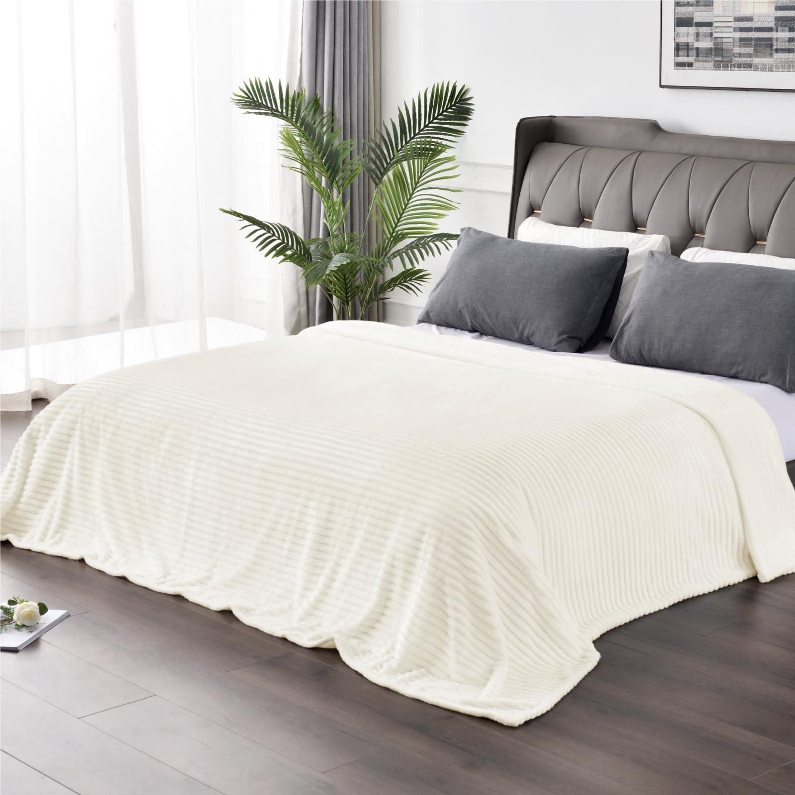 BEDELITE 3D Ribbed Jacquard Cream Blankets Queen Size for Bed, 90x90 Inch