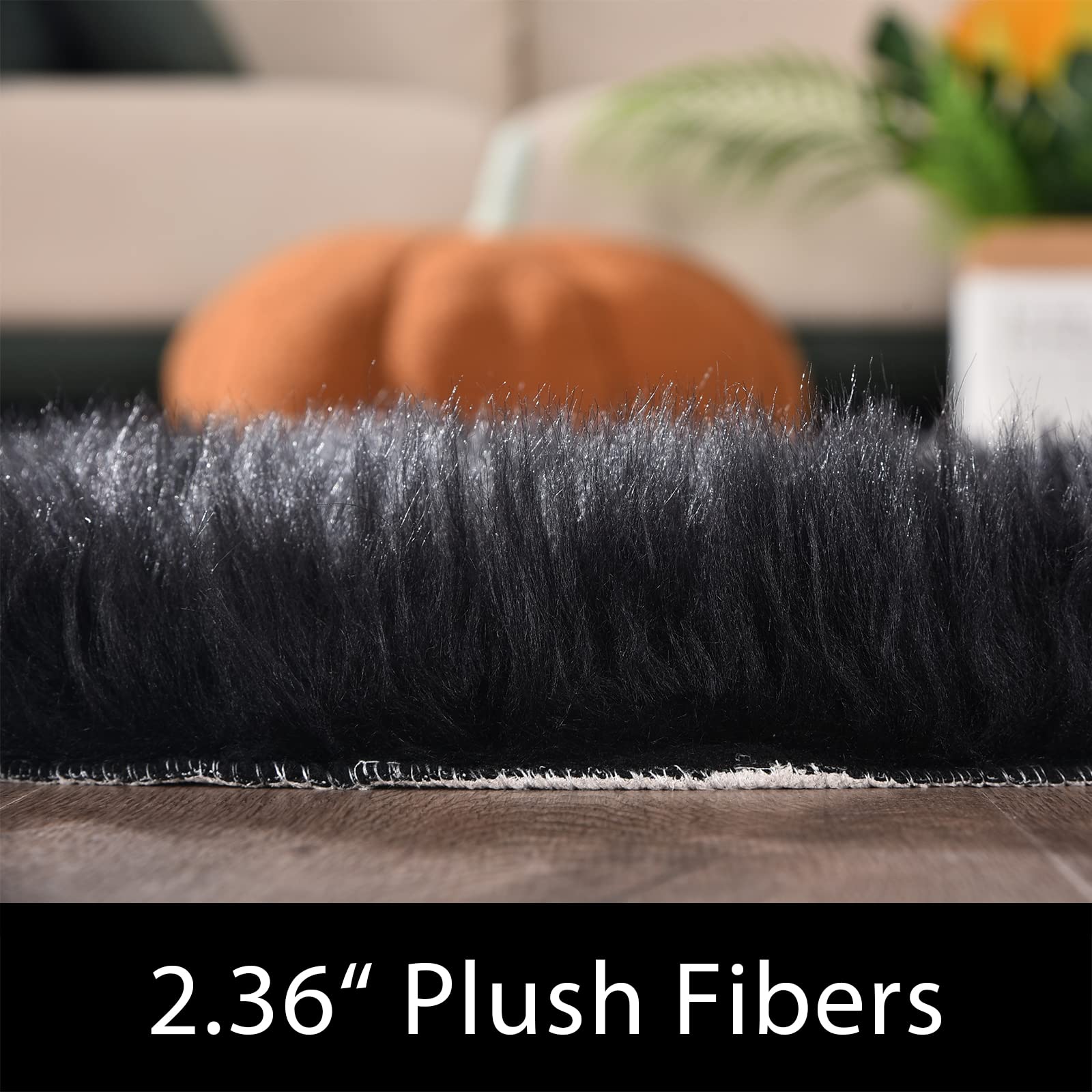 Latepis Black Rug for Living Room Faux Fur 5x6.7 Fluffy Rug Washable Sheepskin Rugs for Bedroom Bedside Dorm Luxury Home Décor, Rectangle