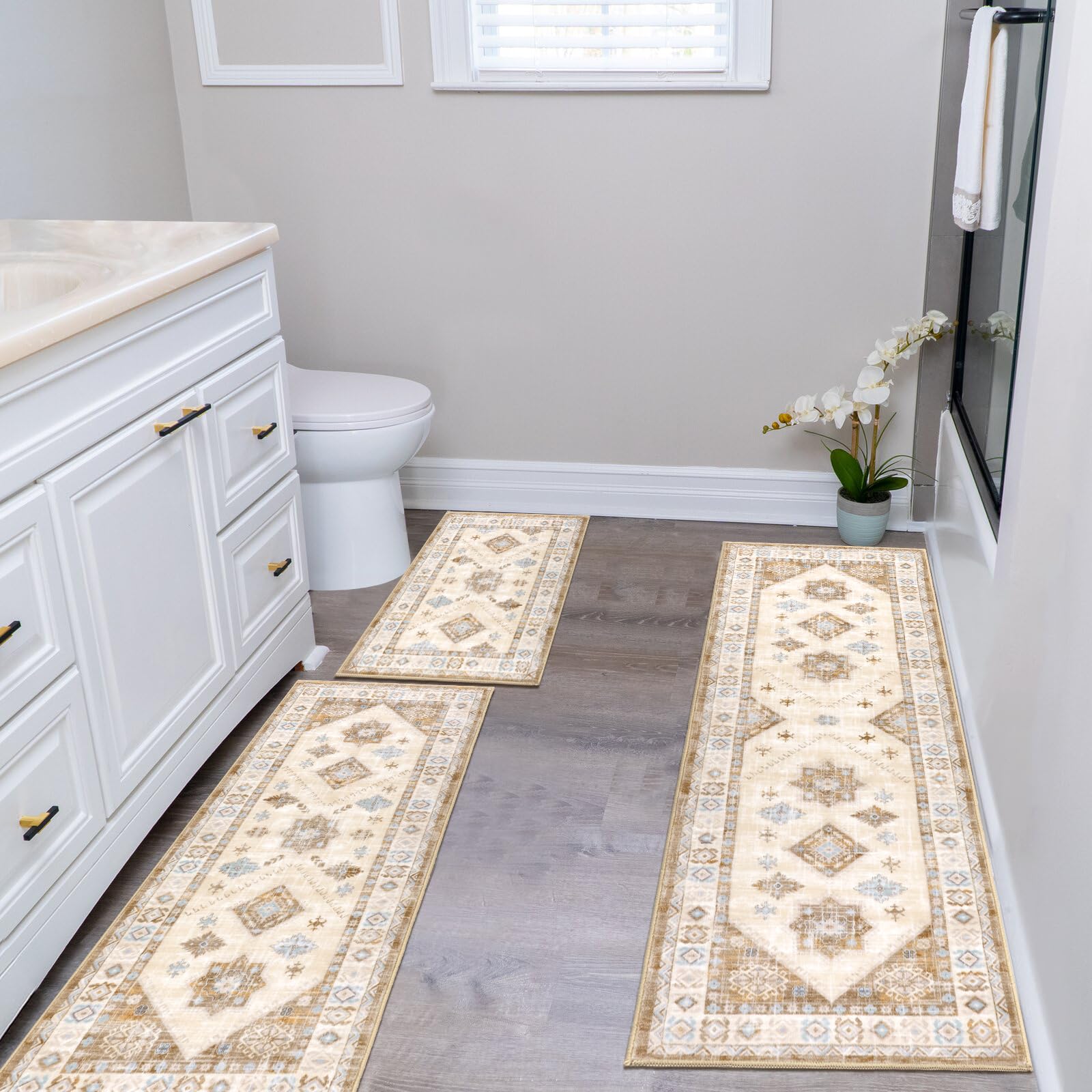 HEBE Boho Kitchen Rugs Set of 3, Non Slip Washable Kitchen Mats for Floor
