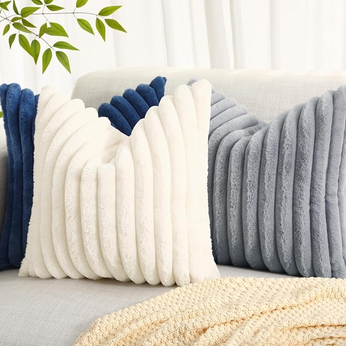 decorUhome Cozy Faux Fur Throw Pillow Covers 22x22 Set of 2 Decorative Soft Plush Striped Modern Farmhouse Boho Couch Euro Sham Pillow Cases with Velvet Back for Sofa Bed Living Room, Grey