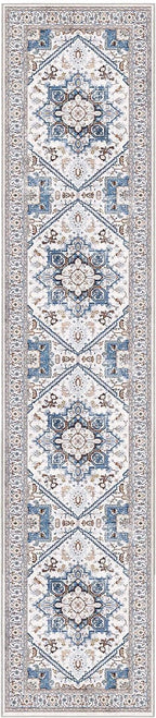 OPPODREAM Soft Entryway Rug 2x10, 2x10 Rug Runner, Neutral Washable Hallways Carpet 2 x 10 with Non Slip Backing, Low-Pile Bedside Carpet 2 x 10, Long, Faux Cashmere, Cream White & Blue & Light Brown