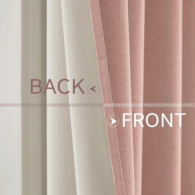 MIULEE Linen Curtains for Bedroom 100% Blackout Thermal Insulated Blush Pink Grommet Room Darkening Curtains & Drapes for Living Room Nursery 52 x 90 Inch (2 Panels)