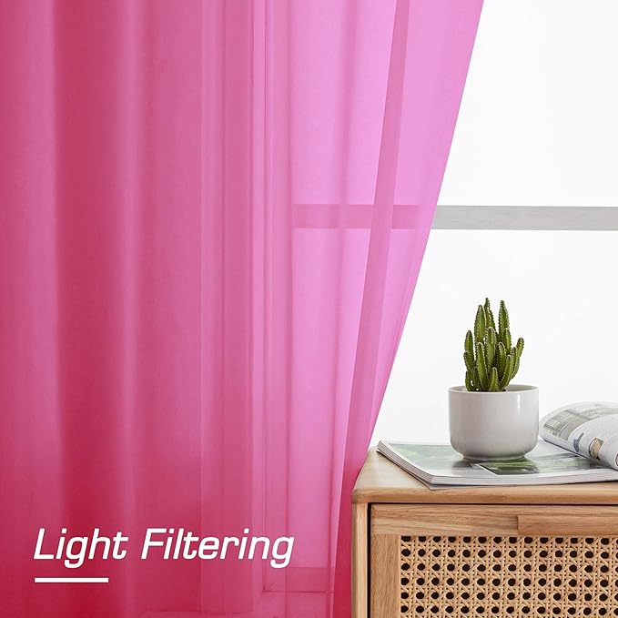 OWENIE Hot Pink Sheer Curtains 84 Inches Long for 2 Panels Set, Solid Light Filtering Voile Sheer Curtains for Living Room Bedroom, Modern Rod Pocket Hot Pink Curtain, 2 Pcs Total 84 Width 84 Long