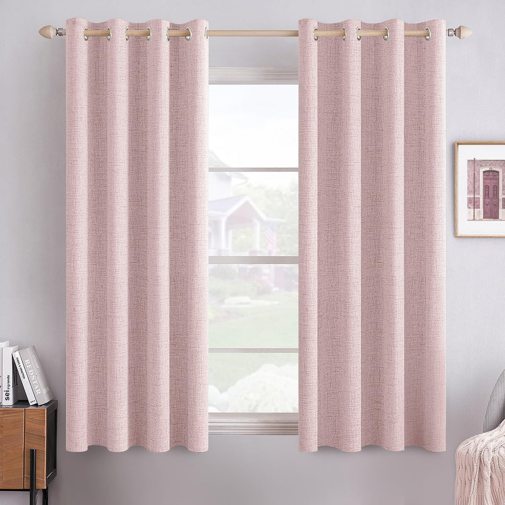 MIULEE 100% Blackout Linen Curtains for Bedroom 52x54 Inches Pink