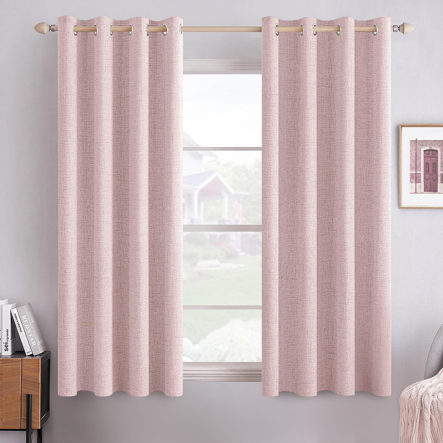 MIULEE 100% Blackout Linen Curtains for Bedroom 52x54 Inches Pink