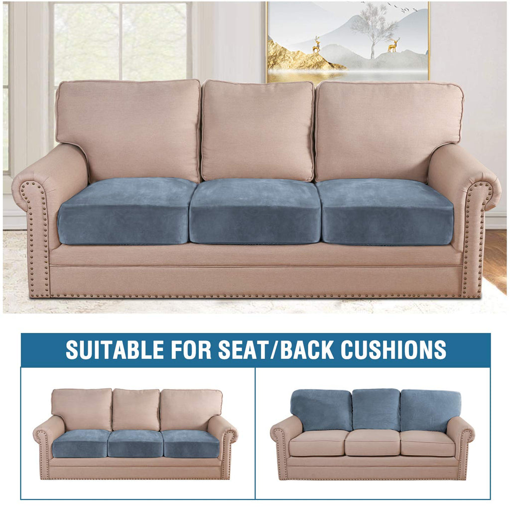 H.VERSAILTEX Velvet Stretch Couch Cushion Cover Plush Cushion Slipcover for Sofa Cushion Furniture Protector Seat Cushion Sofa Cover (3 Piece Sofa Cushion Covers, Stone Blue)