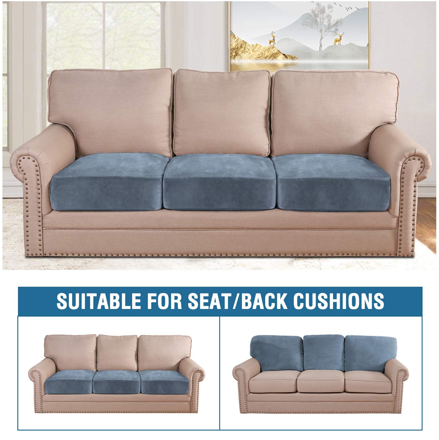 H.VERSAILTEX Velvet Stretch Couch Cushion Cover Plush Cushion Slipcover for Sofa Cushion Furniture Protector Seat Cushion Sofa Cover (3 Piece Sofa Cushion Covers, Stone Blue)