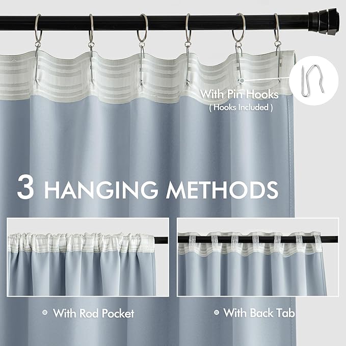 MIULEE Light Blue Back Tab Blackout Curtains 108 Inch Long 2 Panels Set for Bedroom, Rod Pocket/Pinch Pleat Extra Long Thermal Insulated Living Room Darkening Pleated Light Blocking Drapes