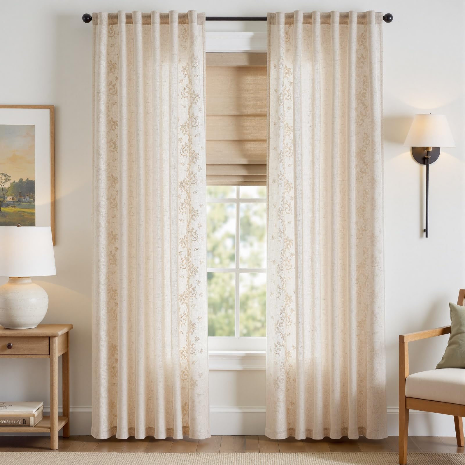 jinchan Floral Linen Curtains 84 Inch Farmhouse Backt Tab 2 Panels Ivory