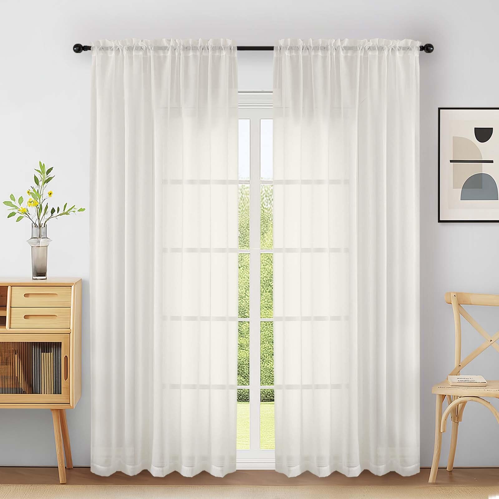 Ebesto Extra Wide Ivory Sheer Curtains 90 Inches Long 2 Panels, Light Filtering Lightweight Solid Sheer Curtains for Bedroom Living Room, Window Voile Sheer Drapes, Dual Rod Pocket, 2x59Wx90L Inches