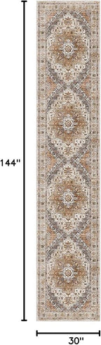Madane Hallway Runner Rug 2'6''x12', Non Slip Vintage 12ft Runners for Hallways Washable Kitchen Rugs Soft Low Pile 2.5x12 ft Rug Runner for Laundry Room, Entryway and Bedroom, Turmeric/Grey